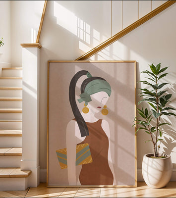 Stylized woman portrait with muted colors and geometric elements