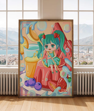 Scène de dessert fantaisiste avec un personnage mignon et des couleurs vives