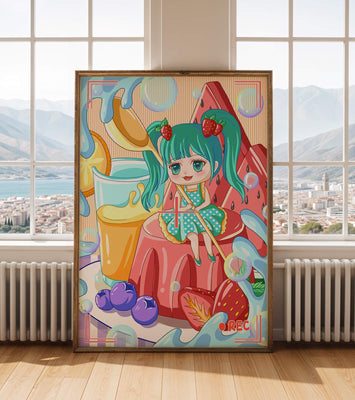 Whimsical dessert scene with cute character and vibrant colors