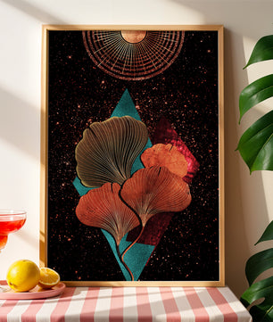 Traducción al español: Ilustración floral cósmica abstracta con elementos geométricos y acentos dorados
