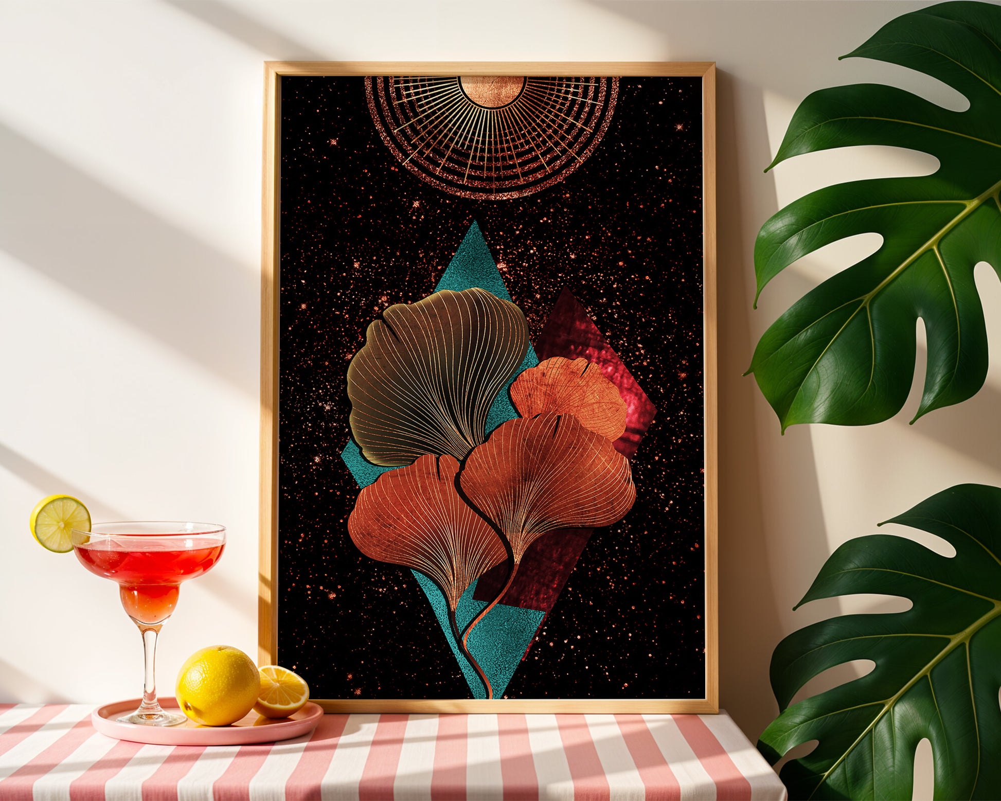 Traducción al español: Ilustración floral cósmica abstracta con elementos geométricos y acentos dorados