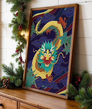 Illustration de dragon coloré avec des nuages ​​et des éléments de feuillage