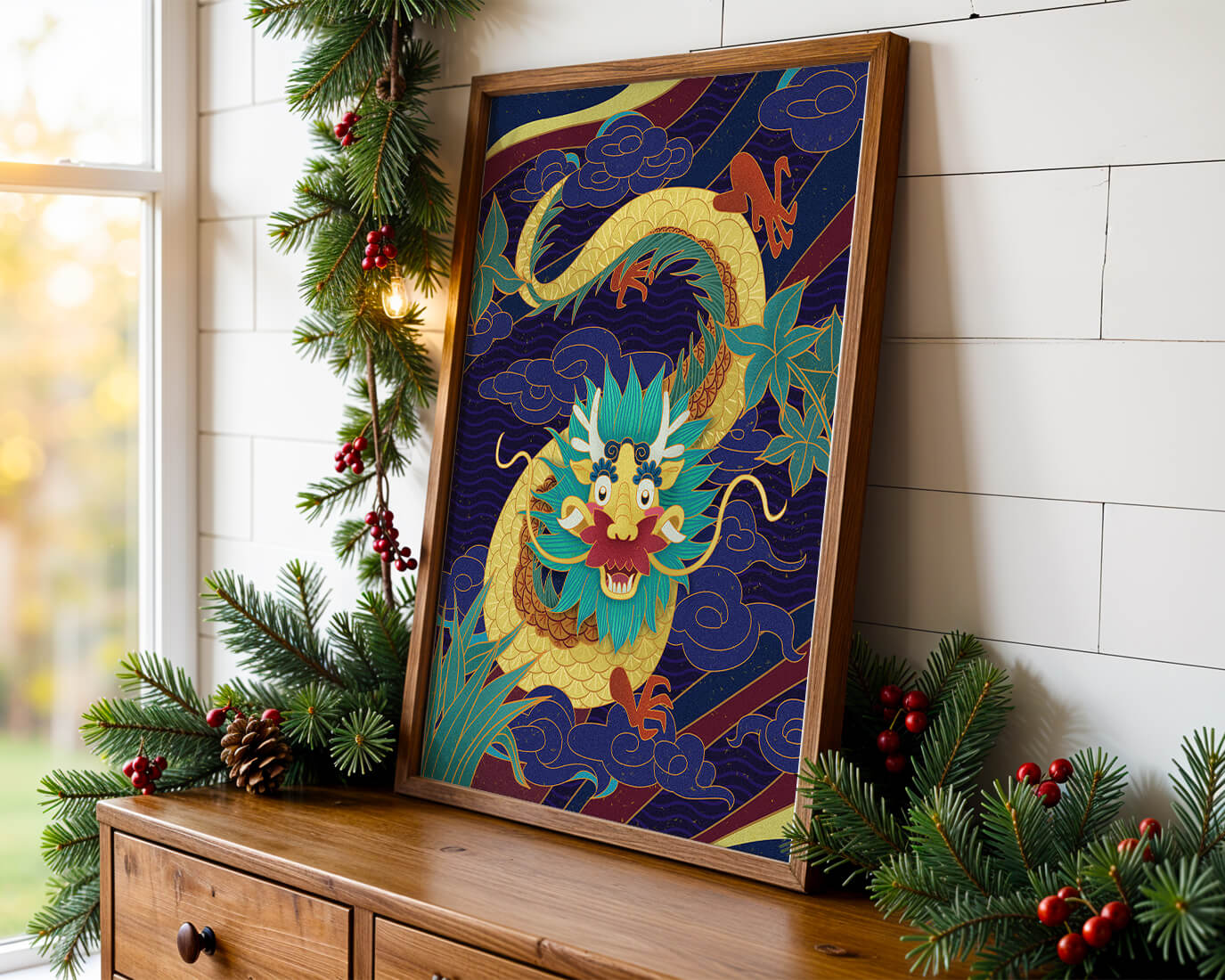 Illustration de dragon coloré avec des nuages ​​et des éléments de feuillage