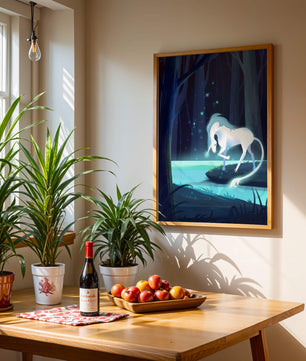 Escena nocturna encantadora con un unicornio junto a un arroyo del bosque