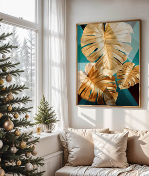 Blätter der Goldenen Monstera auf geometrischem Hintergrund