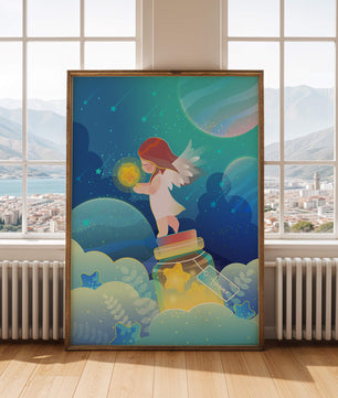 Enchanting angel collecting stars in a dreamy night sky
