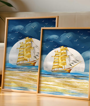 Navire à voile doré sur la mer avec des mouettes et un horizon bleu