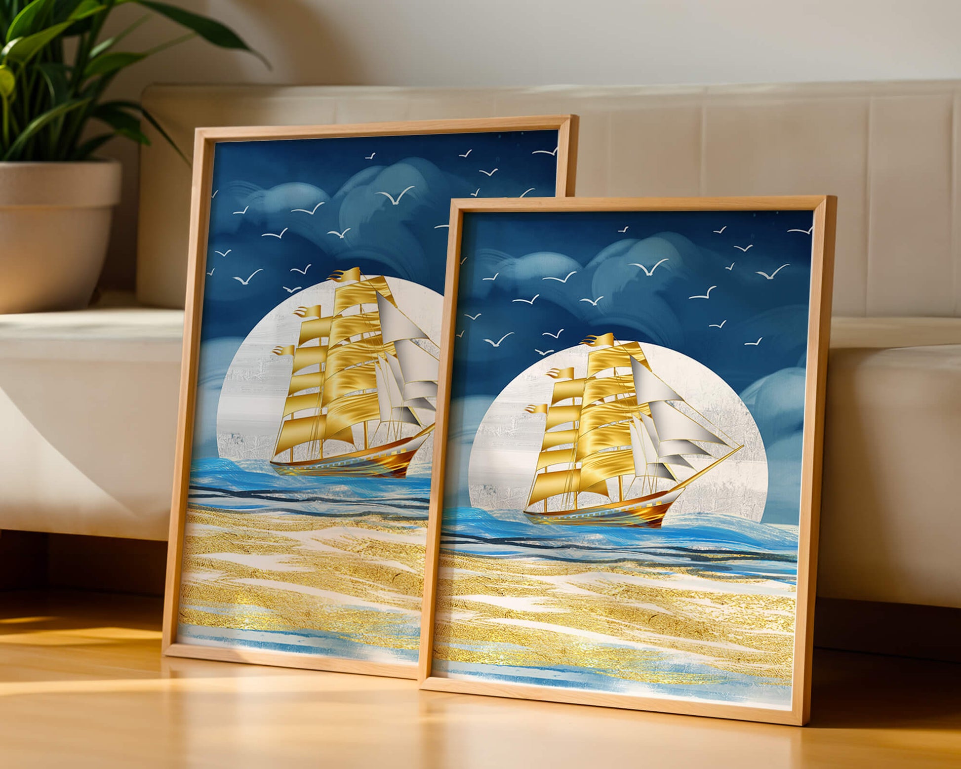 Golden Sailing Ship on the Sea with Seagulls and Blue Horizon