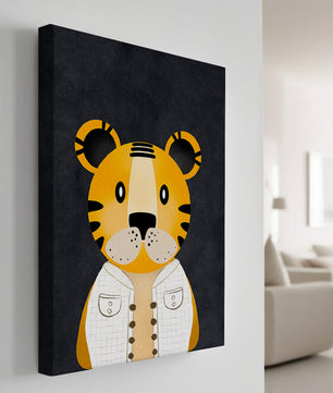 Illustration of cute cartoon tiger character in stylish outfit on dark background