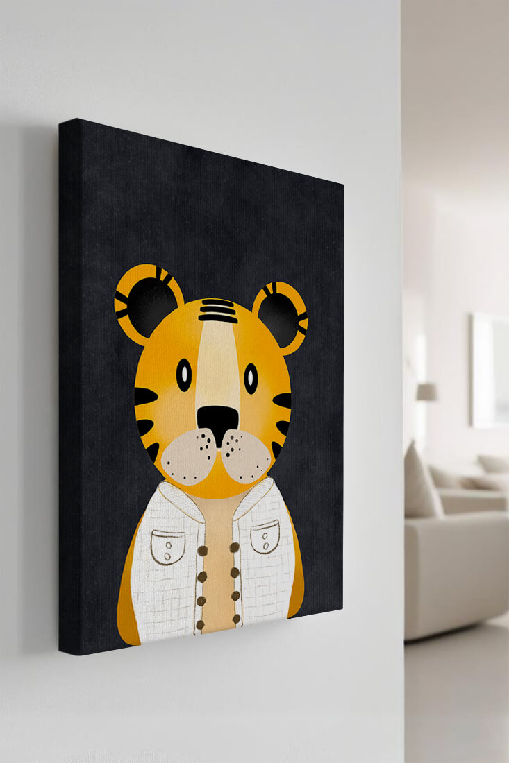 Illustration of cute cartoon tiger character in stylish outfit on dark background
