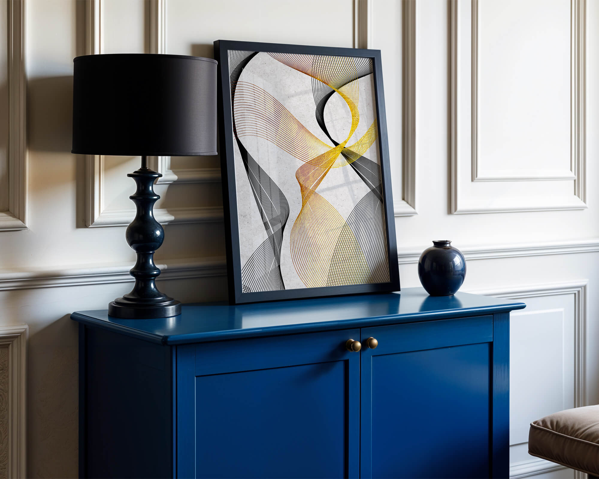 Elegant abstract waves with gold and black lines on textured background