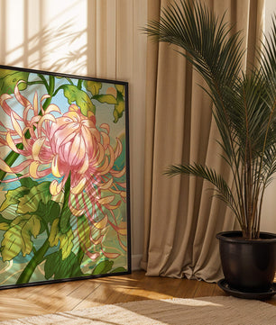 Belle illustration florale avec chrysanthème et feuilles vertes
