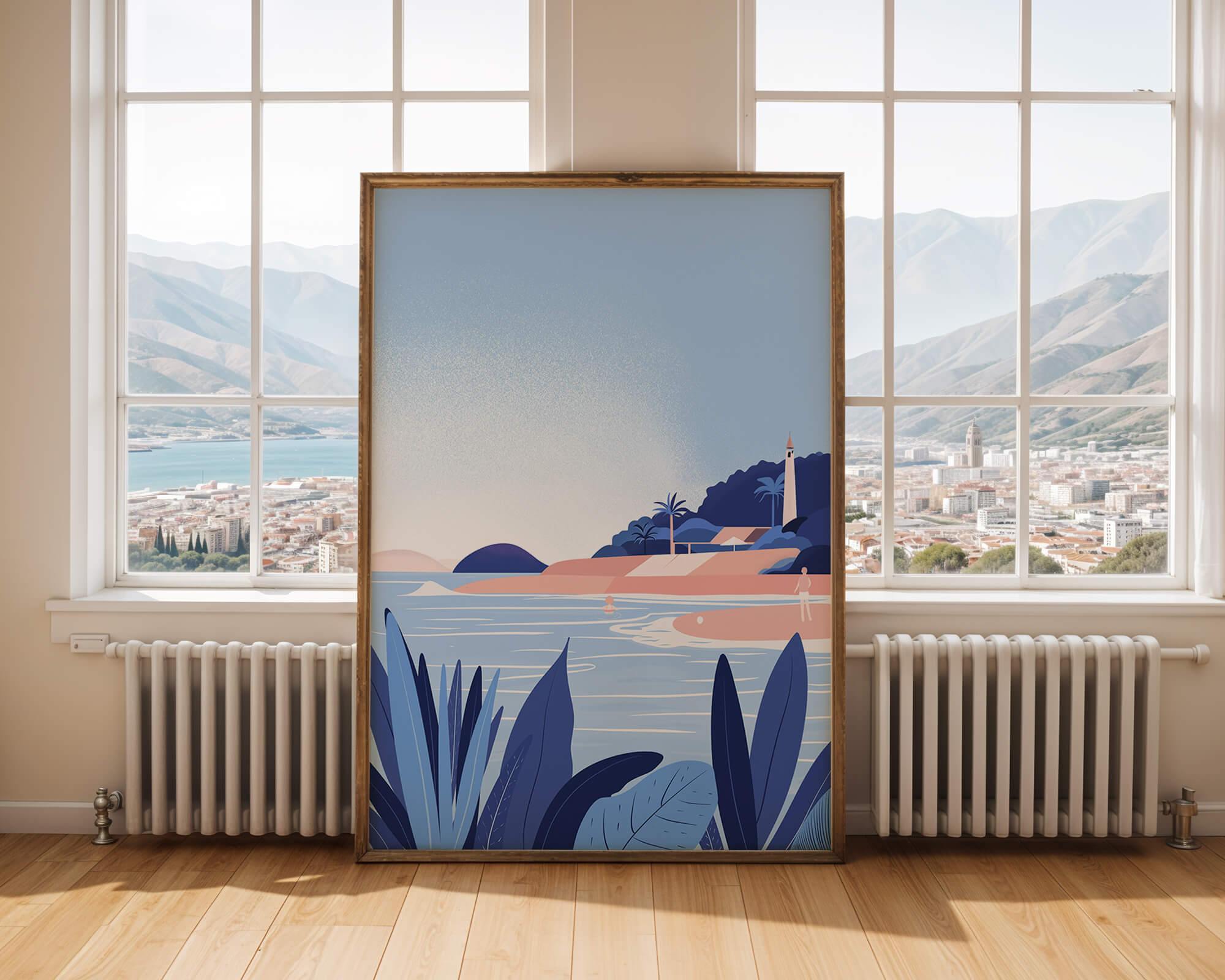 Serene seaside scene with lighthouse and tropical foliage