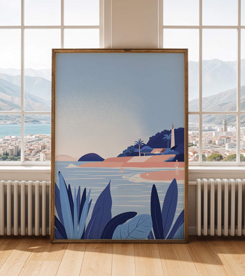 Serene seaside scene with lighthouse and tropical foliage
