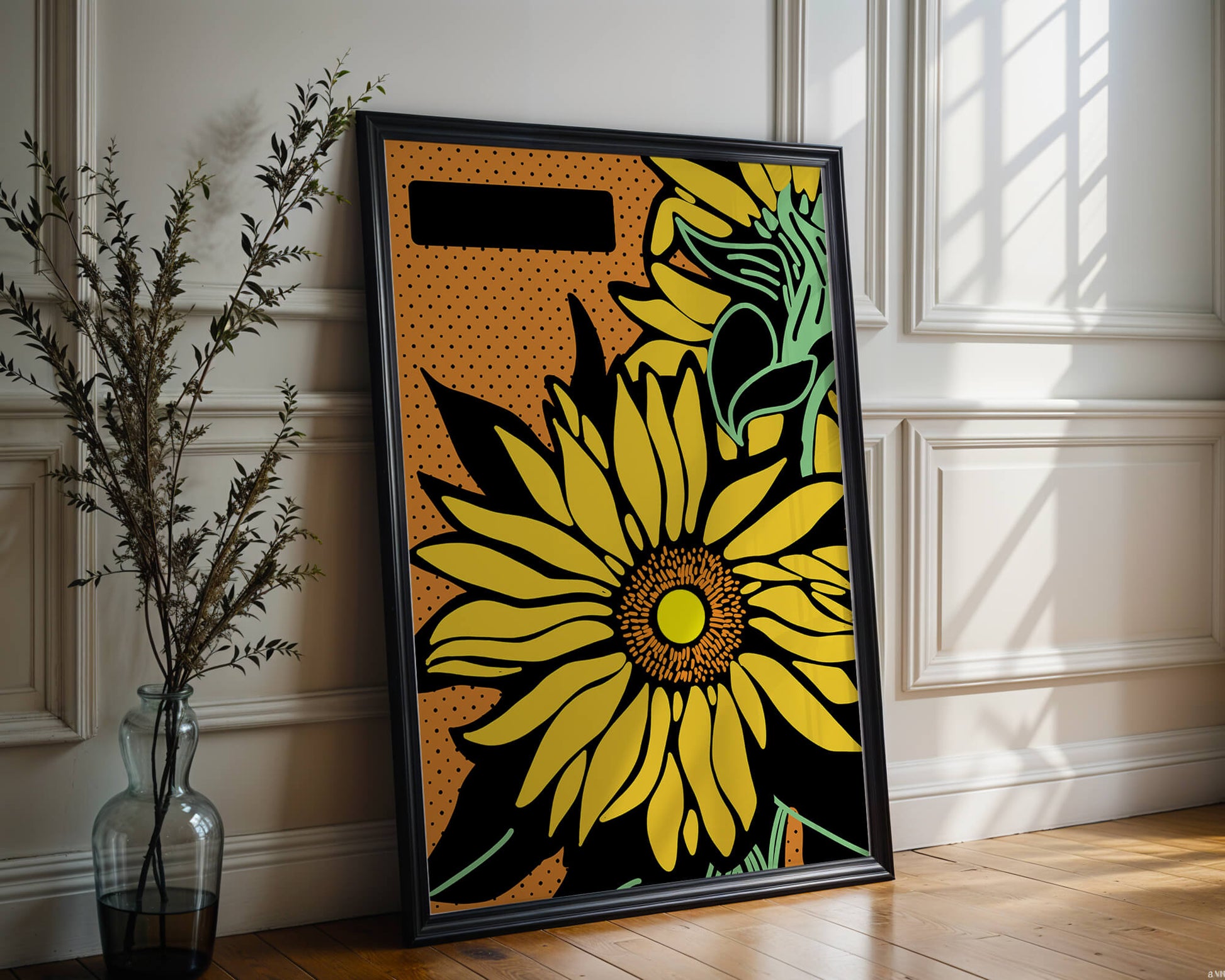 Colorful sunflower illustration with bold lines and dots