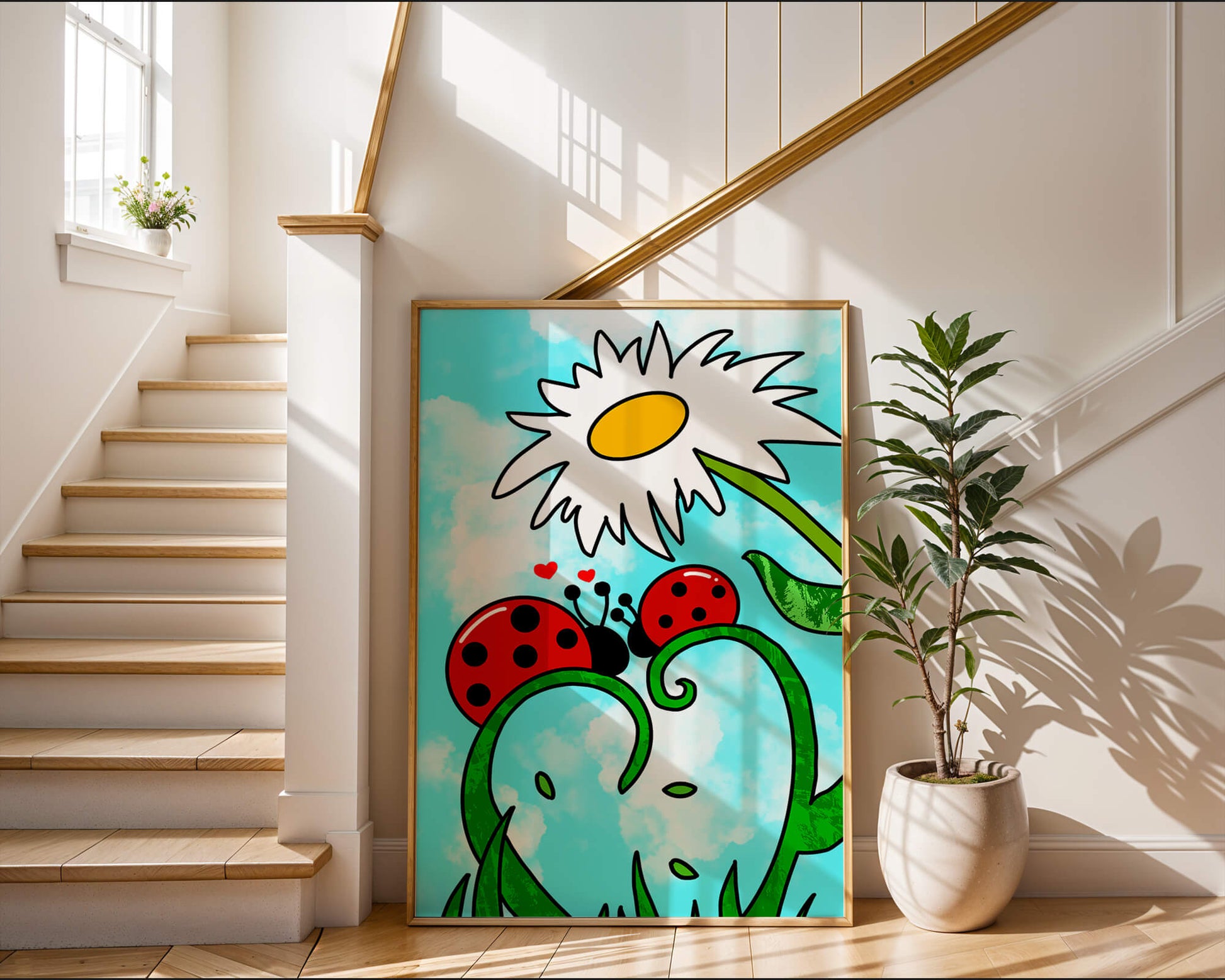 Ladybugs in love beneath a daisy on a bright sky