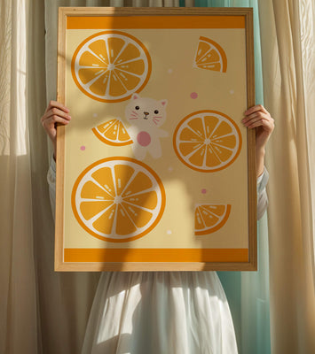 Illustration of a playful cat with orange slices on a colorful background