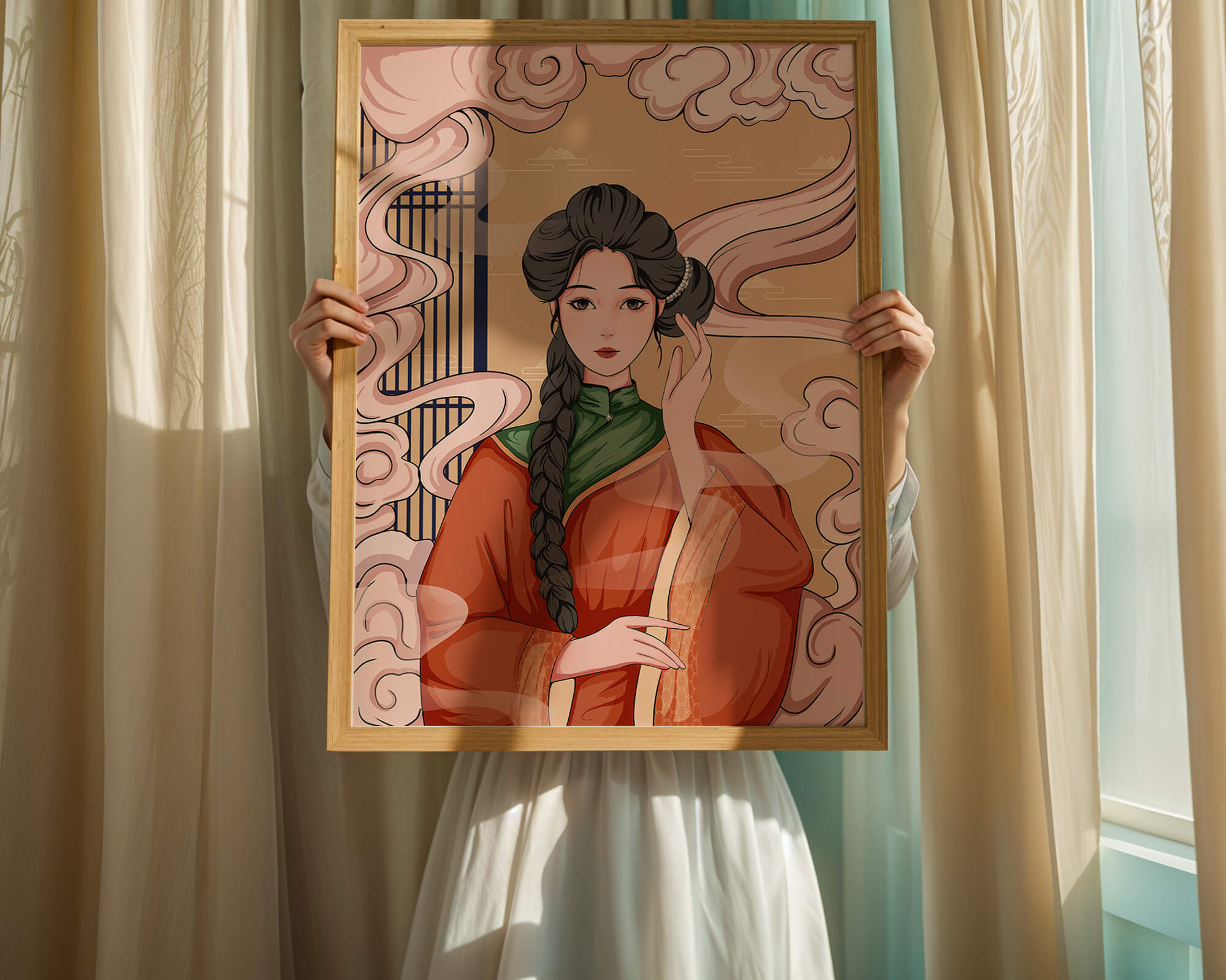 Elegant depiction of a woman in traditional attire with swirling clouds