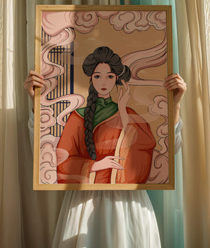 Elegante representación de una mujer con atuendo tradicional y nubes giratorias