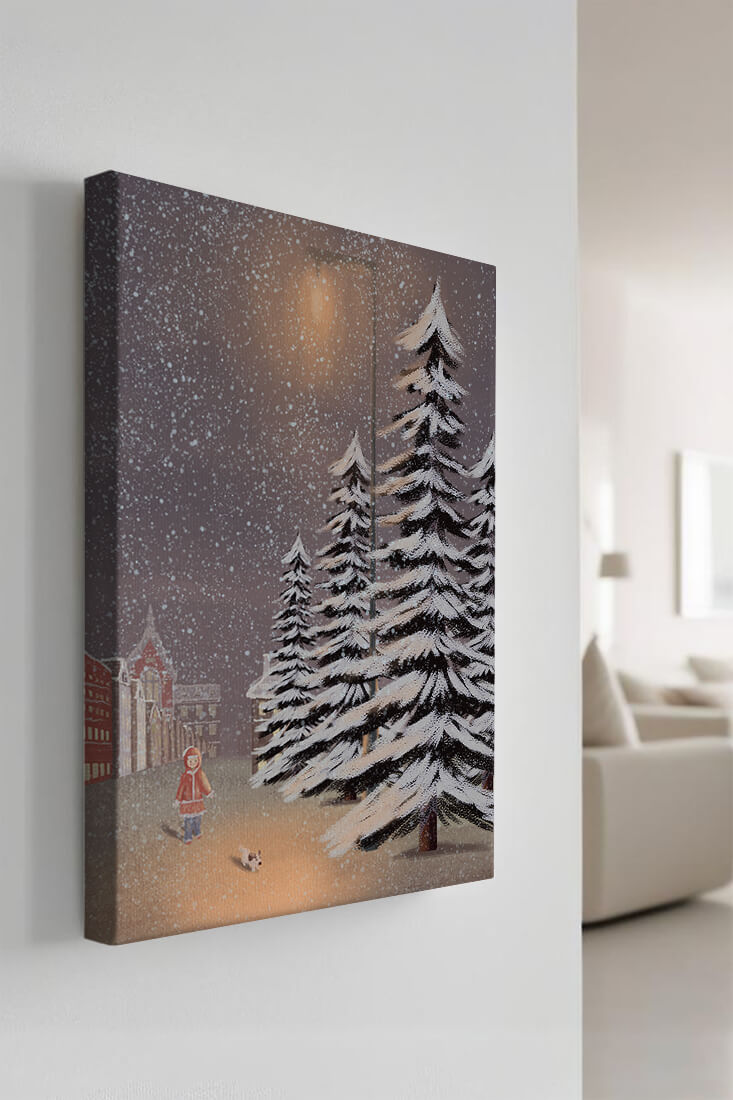 Snowy winter scene with a child and dog in a charming town