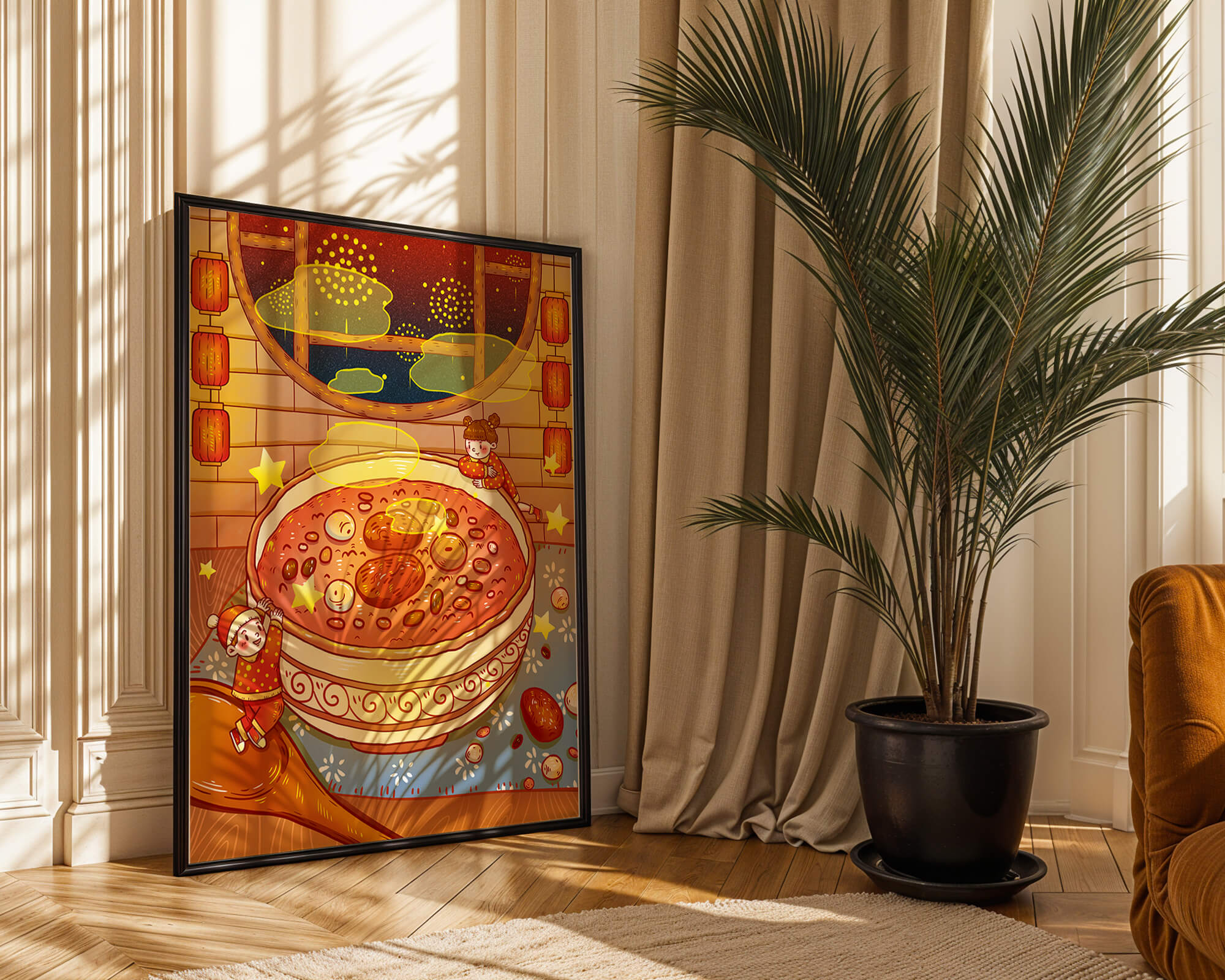 Cozy festive scene with children, a large bowl of soup, and lanterns
