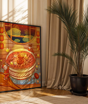 Scène festive et chaleureuse avec des enfants, un grand bol de soupe et des lanternes