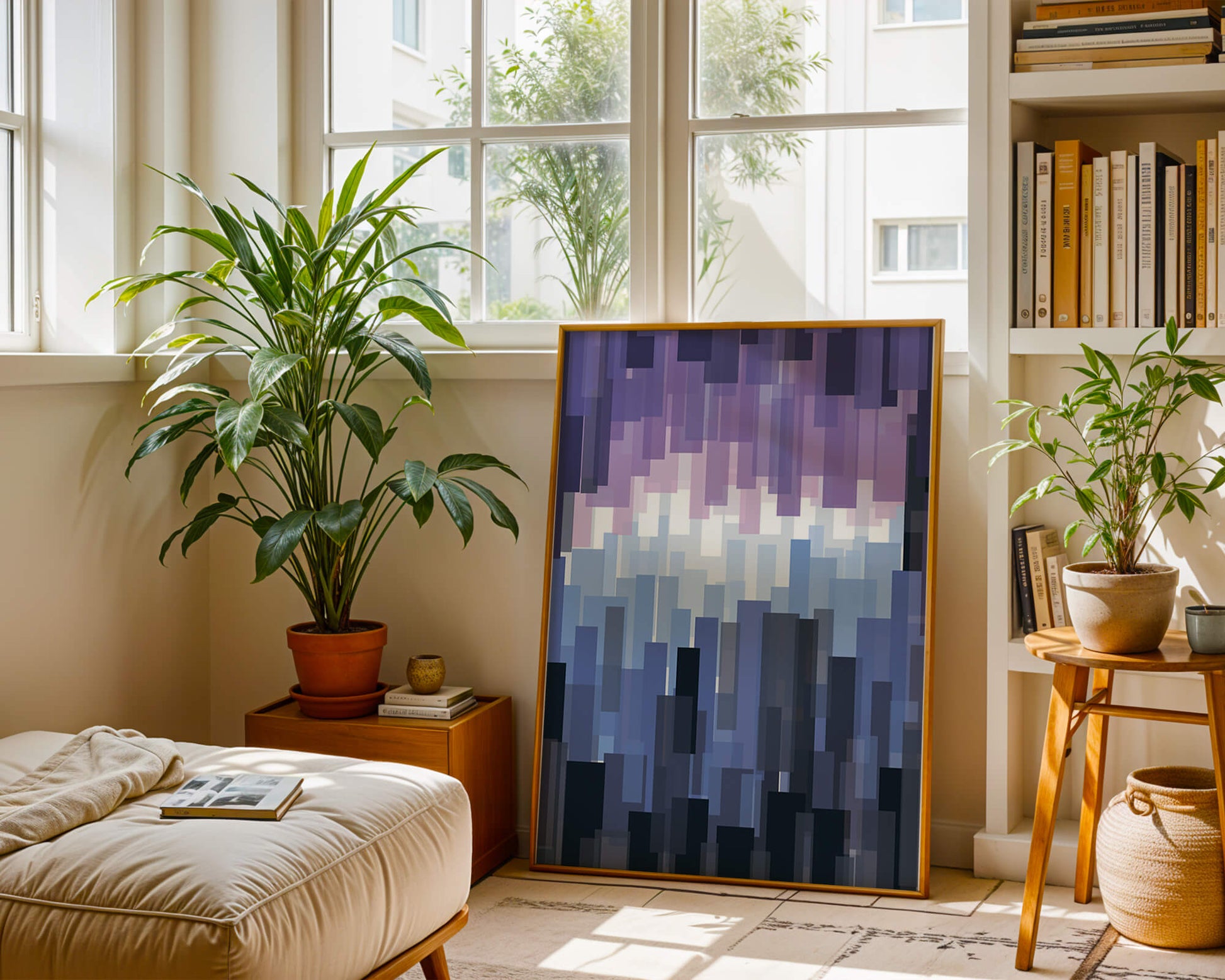 Abstrakter pixeliger Farbverlauf mit Blau- und Lilatönen