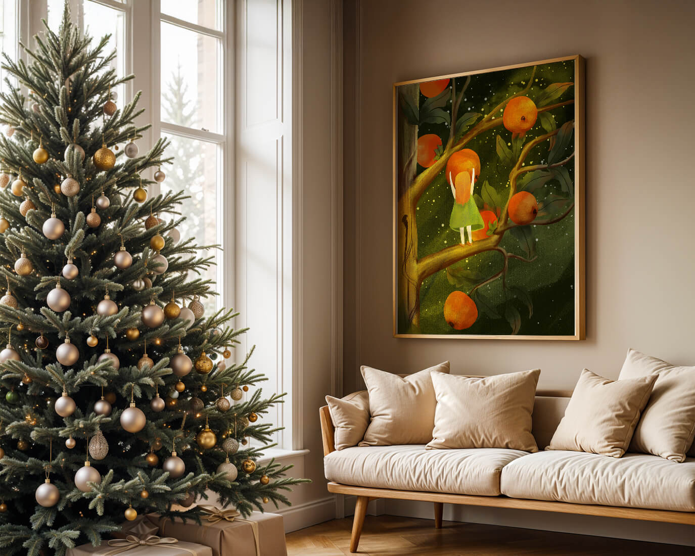 Little Girl Picking Oranges on a Starry Night