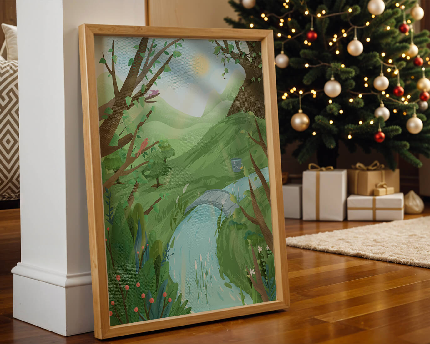 Paisaje sereno con aves y río bajo un cielo soleado