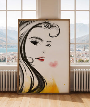 Dibujo de retrato elegante con labios rojos y motivo de corazón