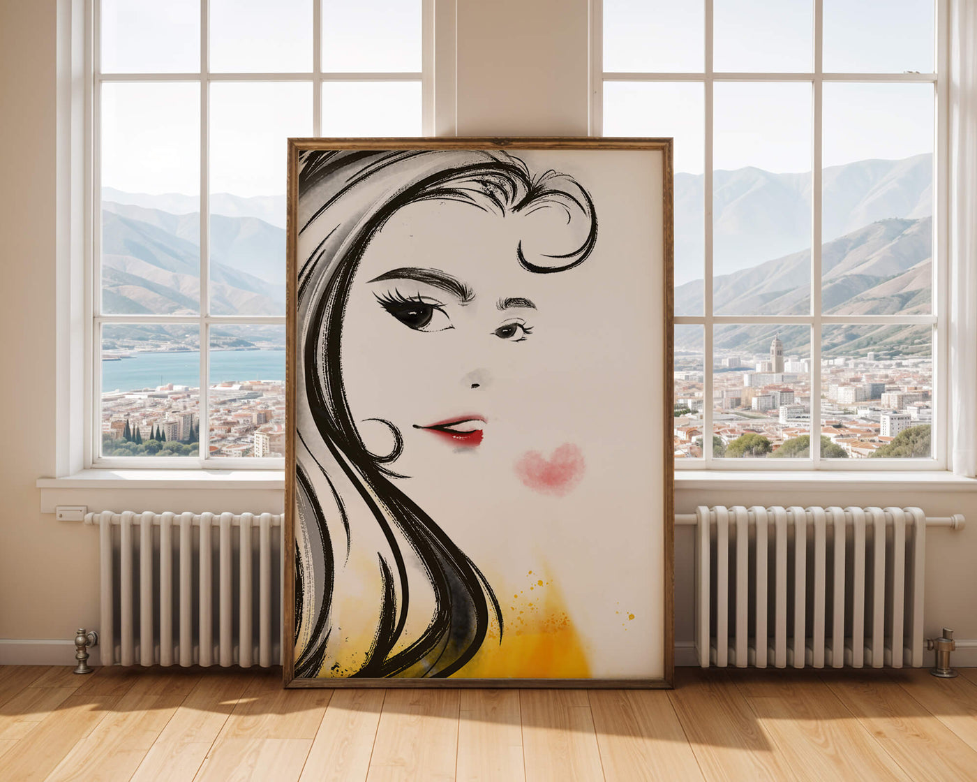 Elegant portrait sketch with red lips and a heart motif