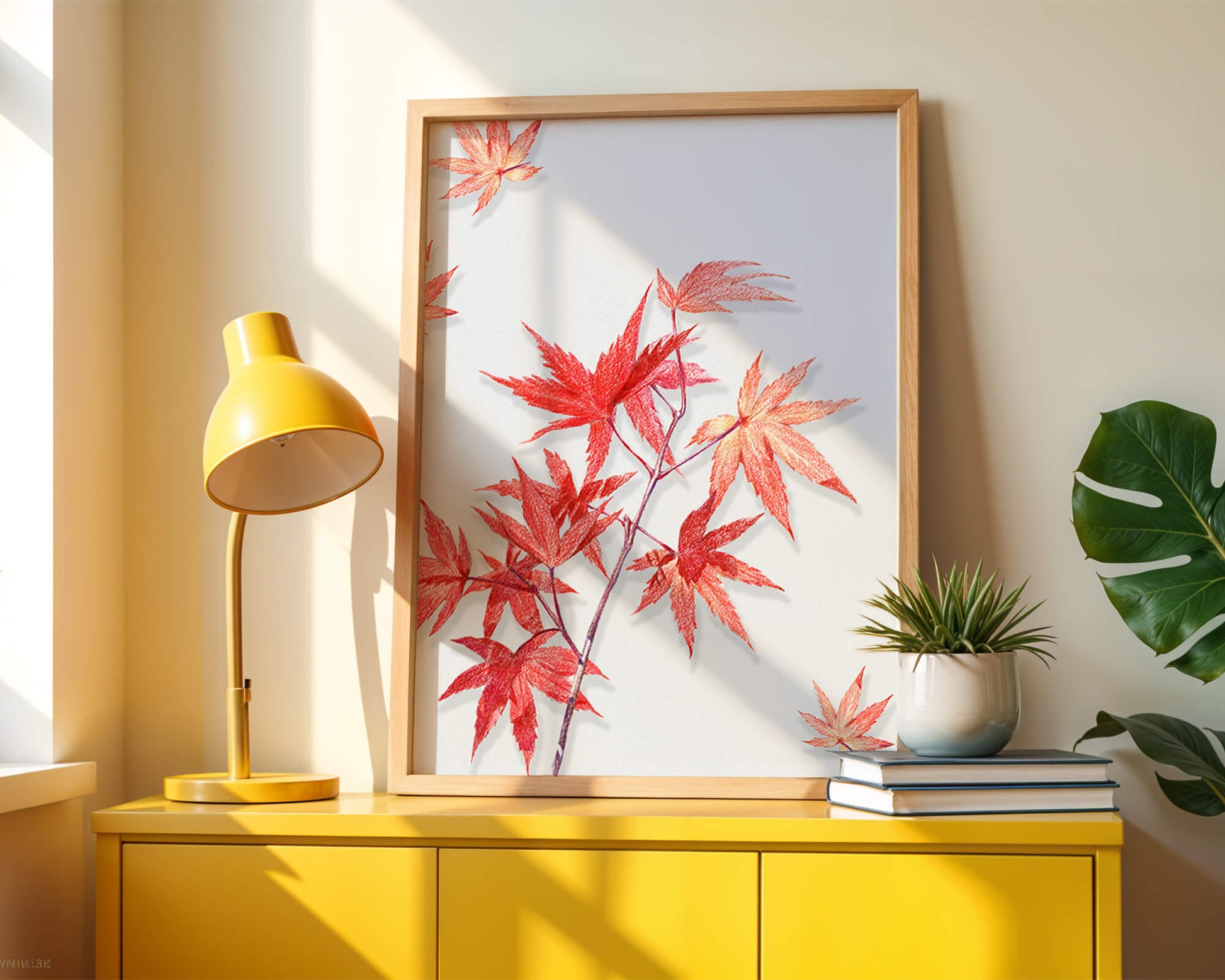 Delicate red maple leaves on white background