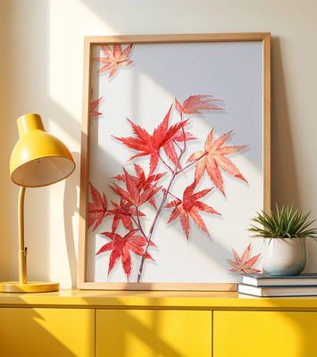 Delicate red maple leaves on white background