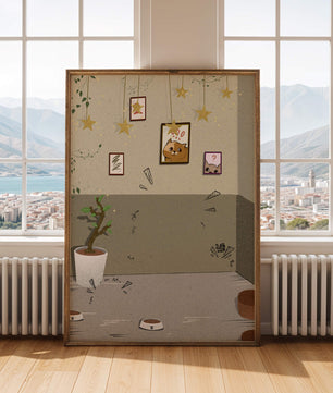 Habitación acogedora con decoraciones de estrellas y obra de arte de gatos