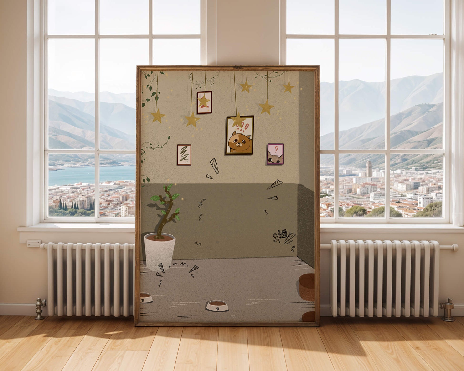 Cozy Room with Star Decorations and Cat Artwork