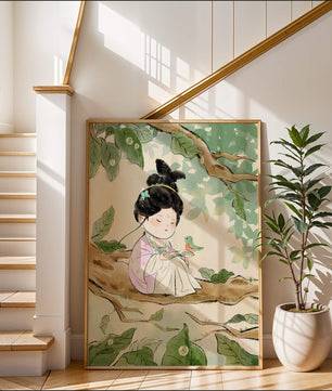 Serene illustration of a girl with a bird in a tree