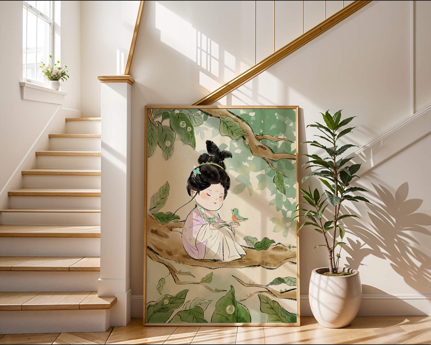 Serene illustration of a girl with a bird in a tree