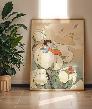 Illustration d'une fille sur des fleurs géantes avec des oiseaux volants et de la nourriture