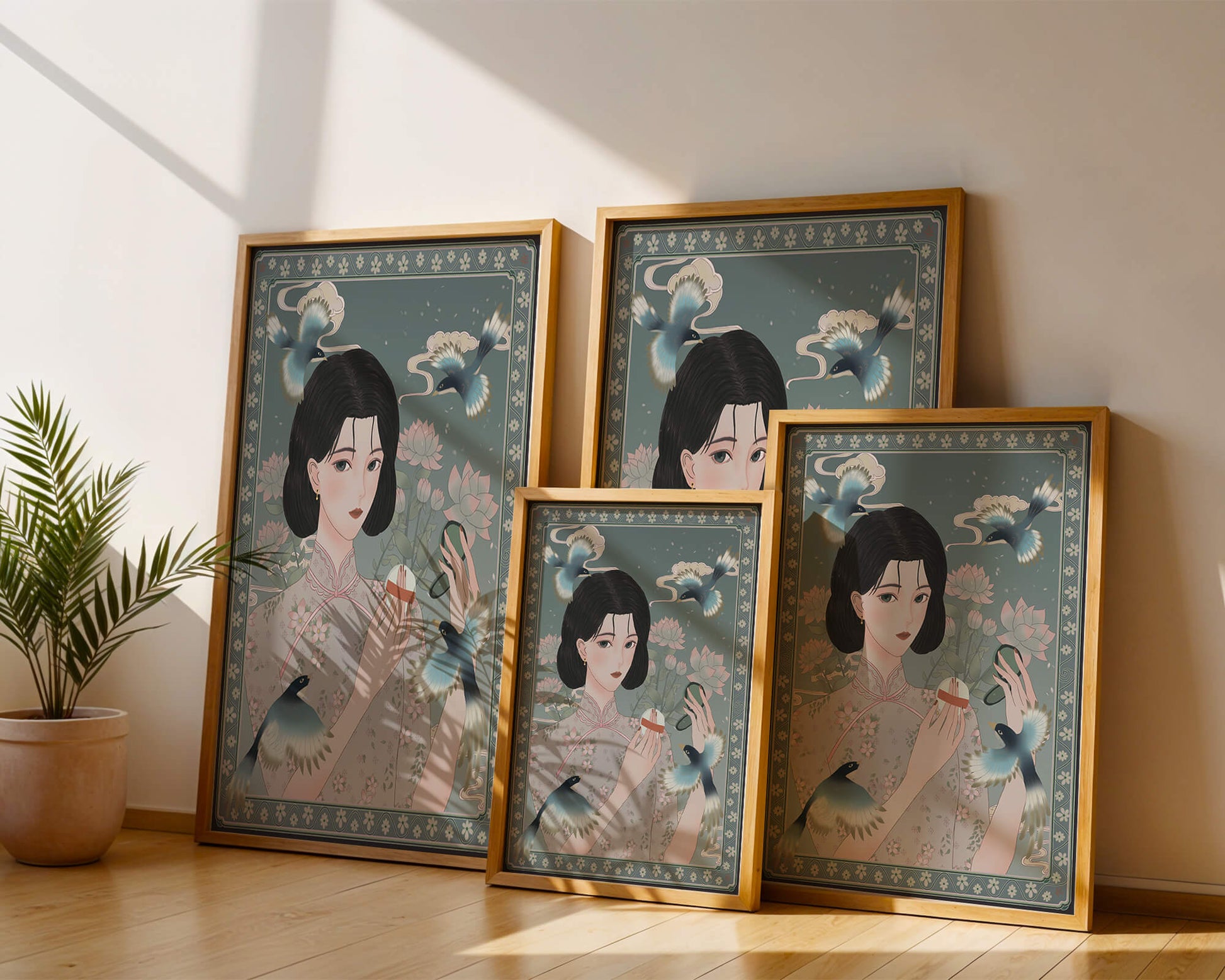 Elegant woman in floral kimono surrounded by birds and lotus flowers