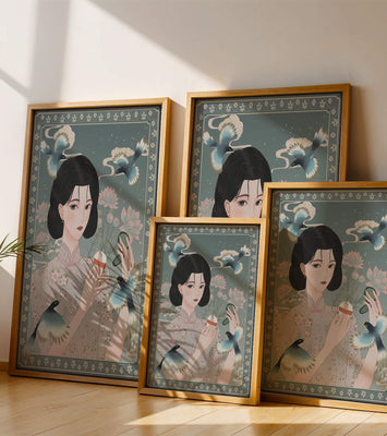Elegant woman in floral kimono surrounded by birds and lotus flowers