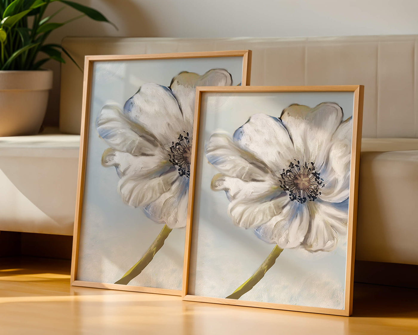 Captivating white flower art with blue hues on a pastel background