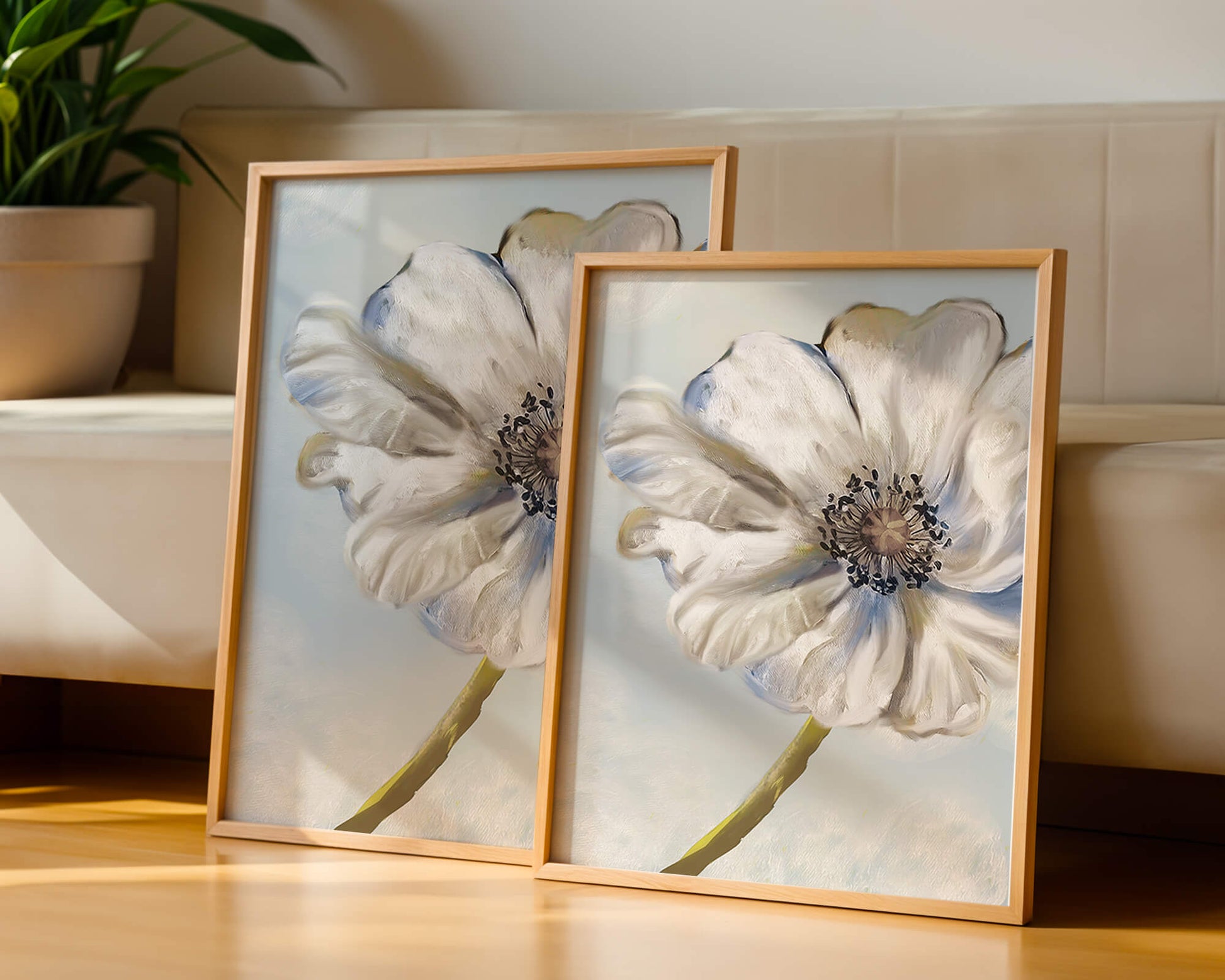 Captivating white flower art with blue hues on a pastel background