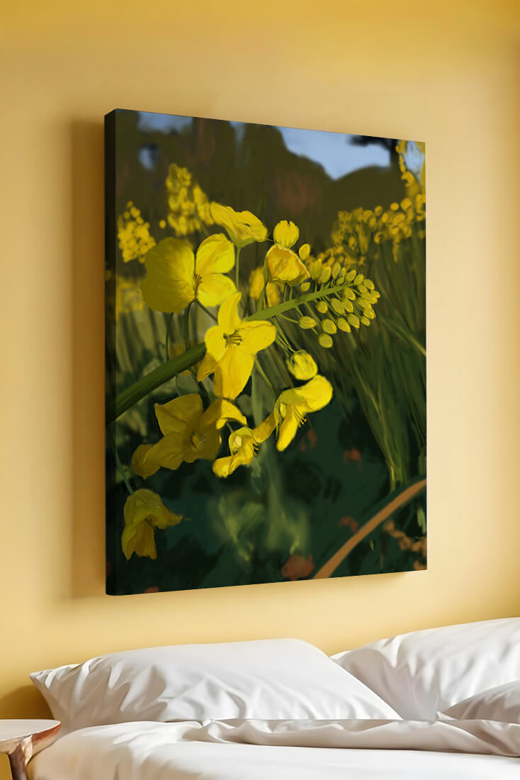 Close-up view of vibrant yellow flowers in a lush green field