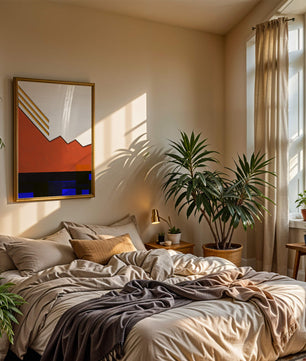 Abstrakte geometrische Komposition mit goldenen Akzenten und kräftigen Farben