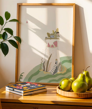 Whimsical Landscape with Fantasy Village and Watermelon Elements