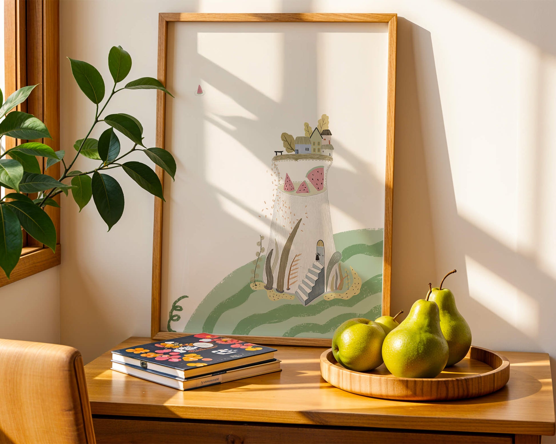 Whimsical Landscape with Fantasy Village and Watermelon Elements