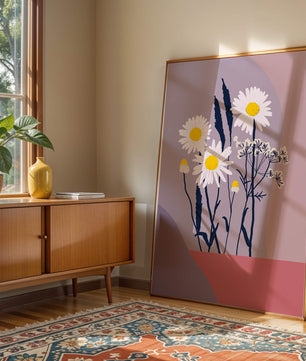 Illustrative floral artwork with daisies and abstract background