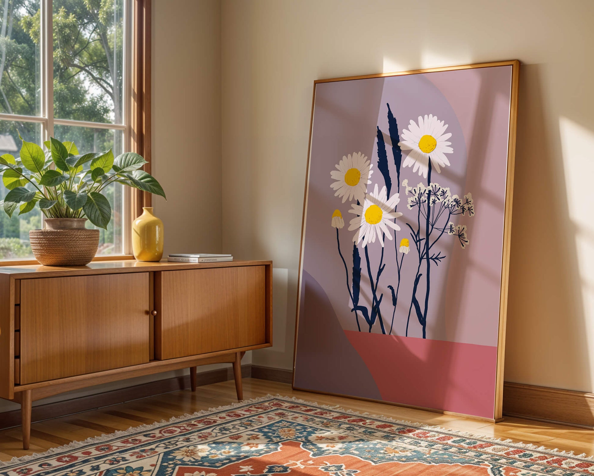 Illustrative floral artwork with daisies and abstract background