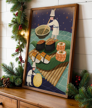 Ilustración juguetona de chefs preparando sushi en un paisaje imaginario