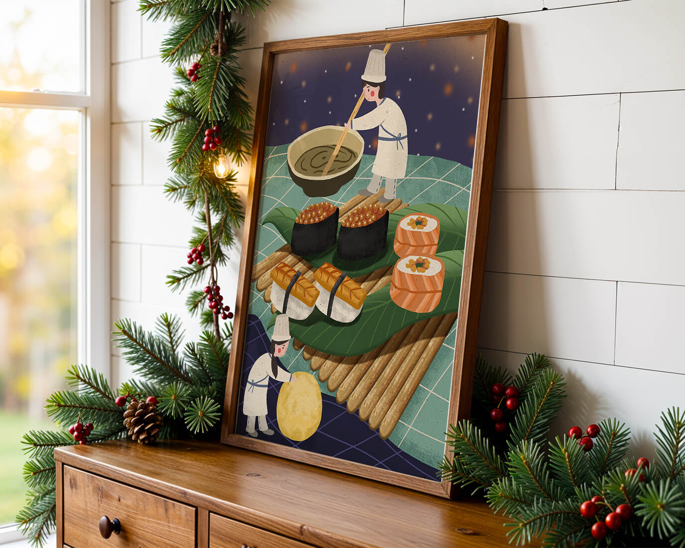 Ilustración juguetona de chefs preparando sushi en un paisaje imaginario